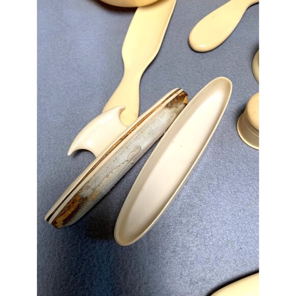 Vintage 13-Piece Ivory Celluloid Vanity Set with Brushes Jars & Tray - Picture 8 of 16
